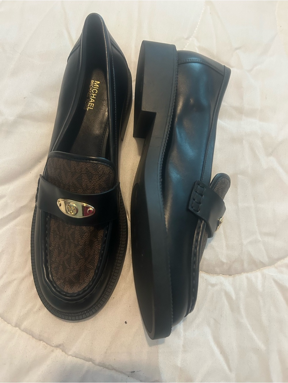 Michael Kors Black Leather Loafers with Brown Logo Vamp and Gold Accent